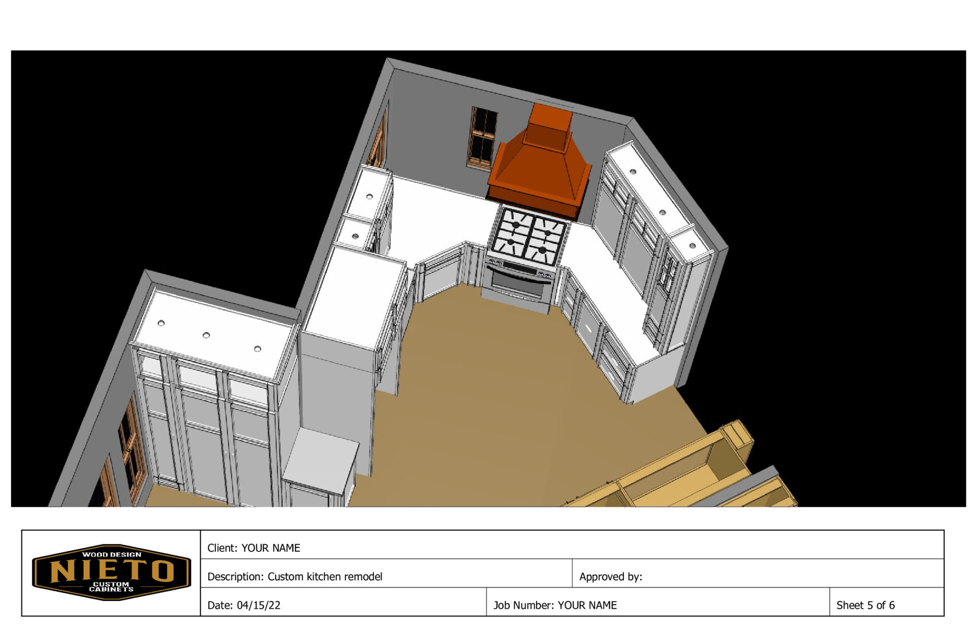 3D design rendering of an exceptional custom kitchen remodel plan, including custom furnishing.