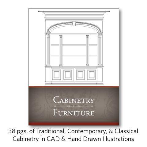 Technical illustration of custom cabinet projects featured in a publication with CAD and hand-drawn examples.