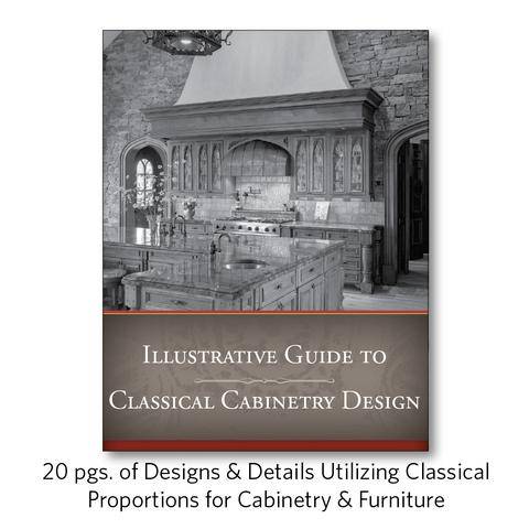 A promotional image showcasing a guide to classical cabinetry design, featuring a kitchen with traditional wood custom cabinet projects.