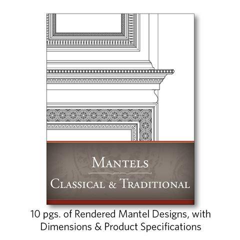 Technical drawings of classical and traditional cabinet and mantel designs with detailed dimensions and product specifications for custom cabinet projects.