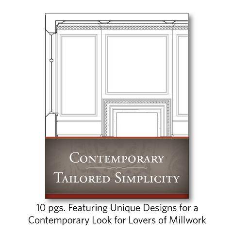 Detailed millwork design brochure cover featuring a contemporary-style wainscoting panel with the tagline 