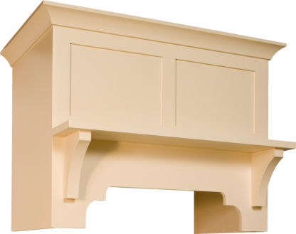 A wooden fireplace mantel with a simple, classic design.