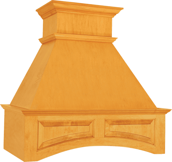 TRA - Raised Panel Arched range hood with a decorative front and crown molding.