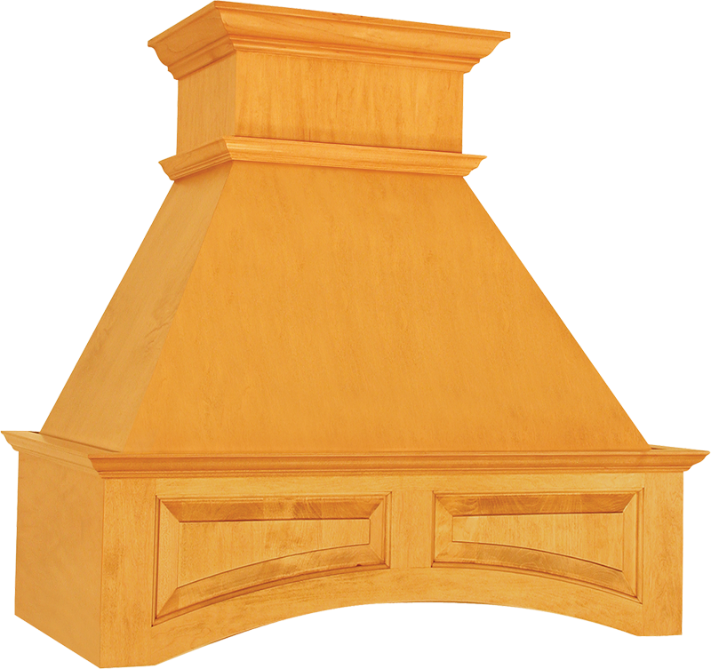 TRA - Raised Panel Arched range hood with a decorative front and crown molding.