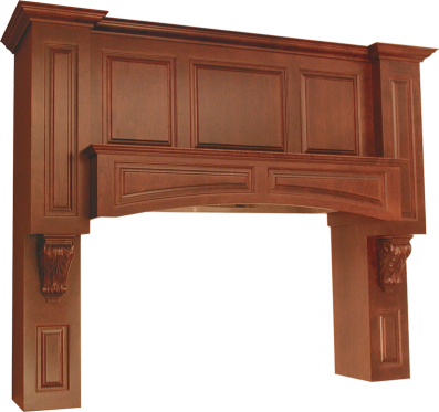 Wooden fireplace mantel with decorative carvings.