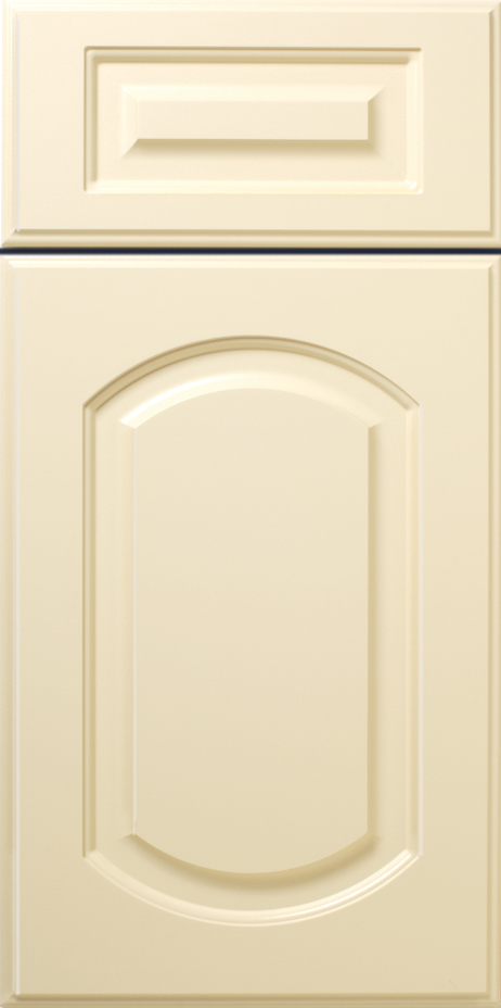 Cream-colored S411 HENDERSON cabinet door with an arched design and a rectangular indentation at the top.