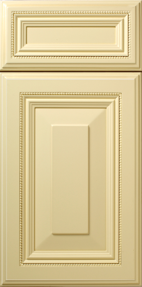 Beige S426 BANKS kitchen cabinet door with decorative molding.