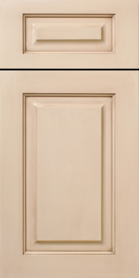 Beige kitchen cabinet door with a drawer front above and a S523 WASHINGTON panel below.