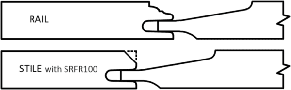 Two rail profiles in alignment, with the top profile labeled "rail" and the bottom "stile with S380 EL DORADO" showing a dotted line indicating a possible modification area.