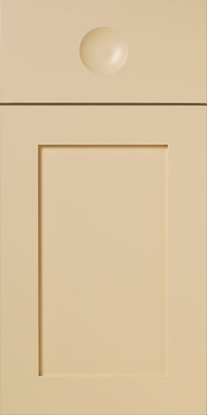 A close-up of a beige S498 SERENITY cabinet door with a round knob.