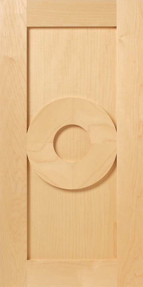 A wooden cabinet door featuring a circular cut-out handle in the center of the S705 SCOPE.