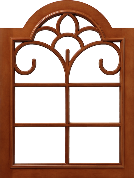 Wooden window with an arched top and ornamental lattice design. S750 LP123 – 14 LITES.