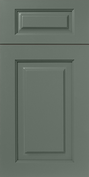 A close-up view of a gray panel door with two recessed S768 DRAKE panels.