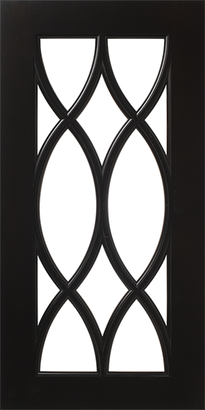 Decorative glass panel with a S785 LP130 – 12 LITES curvilinear metal design in a door.