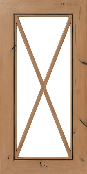 Wooden cabinet door with an S946 LP107 – 4 LITES x-shaped brace and glass panels.