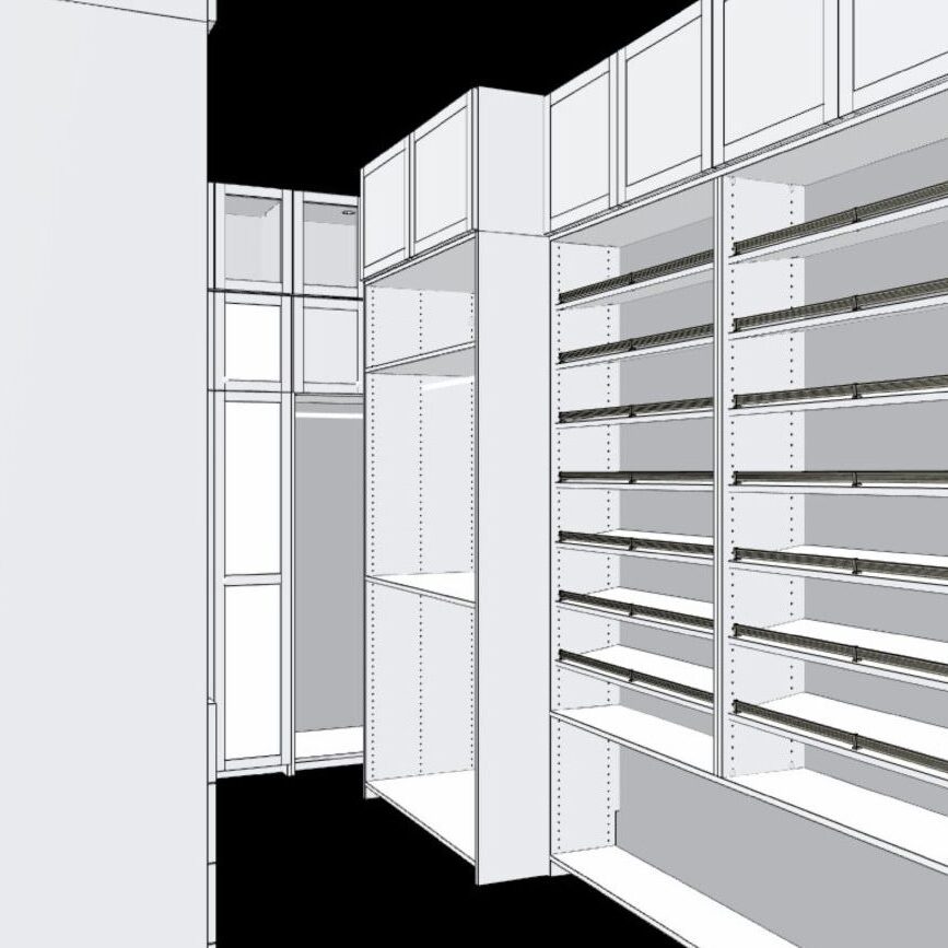 Wireframe model of an empty bookshelf in a room designed for high-quality cabinetry.